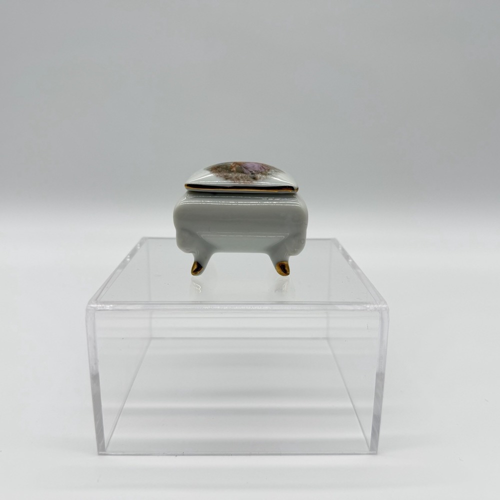 Vintage Victorian Scene Trinket Box Candle Small Lidded Footed Dish Gold Trim